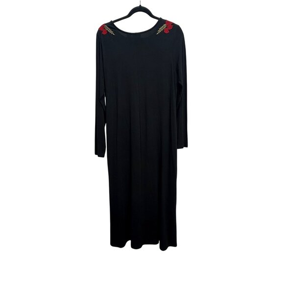 Collections Etc Black Dress Embroidered Red Roses Floral Med Slinky Stretch VTG - Picture 4 of 9